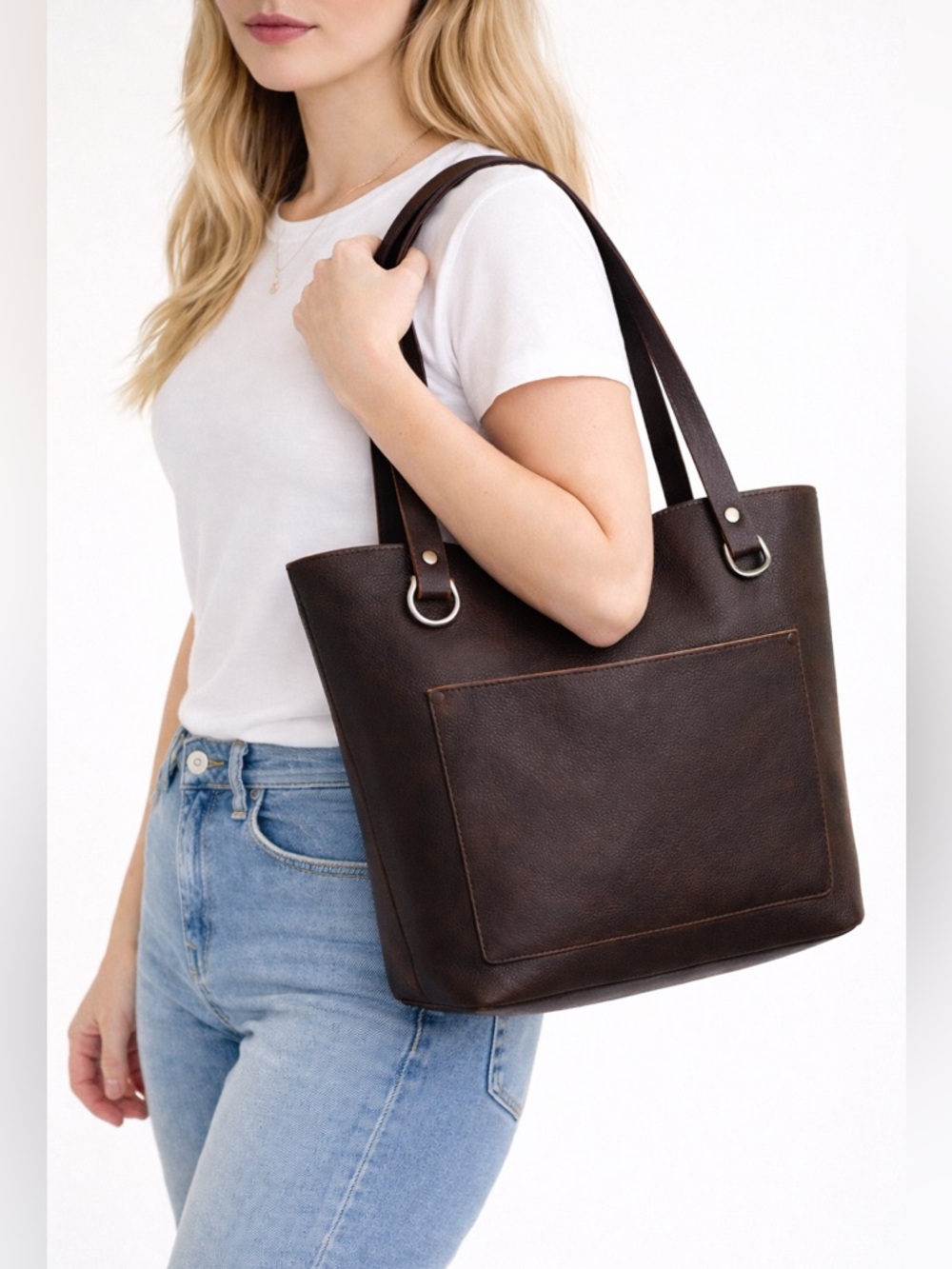 Portland Leather Medium Tote Dark Brown Full Grain Leather Shoulder Bag Zipper - Picture 8 of 8